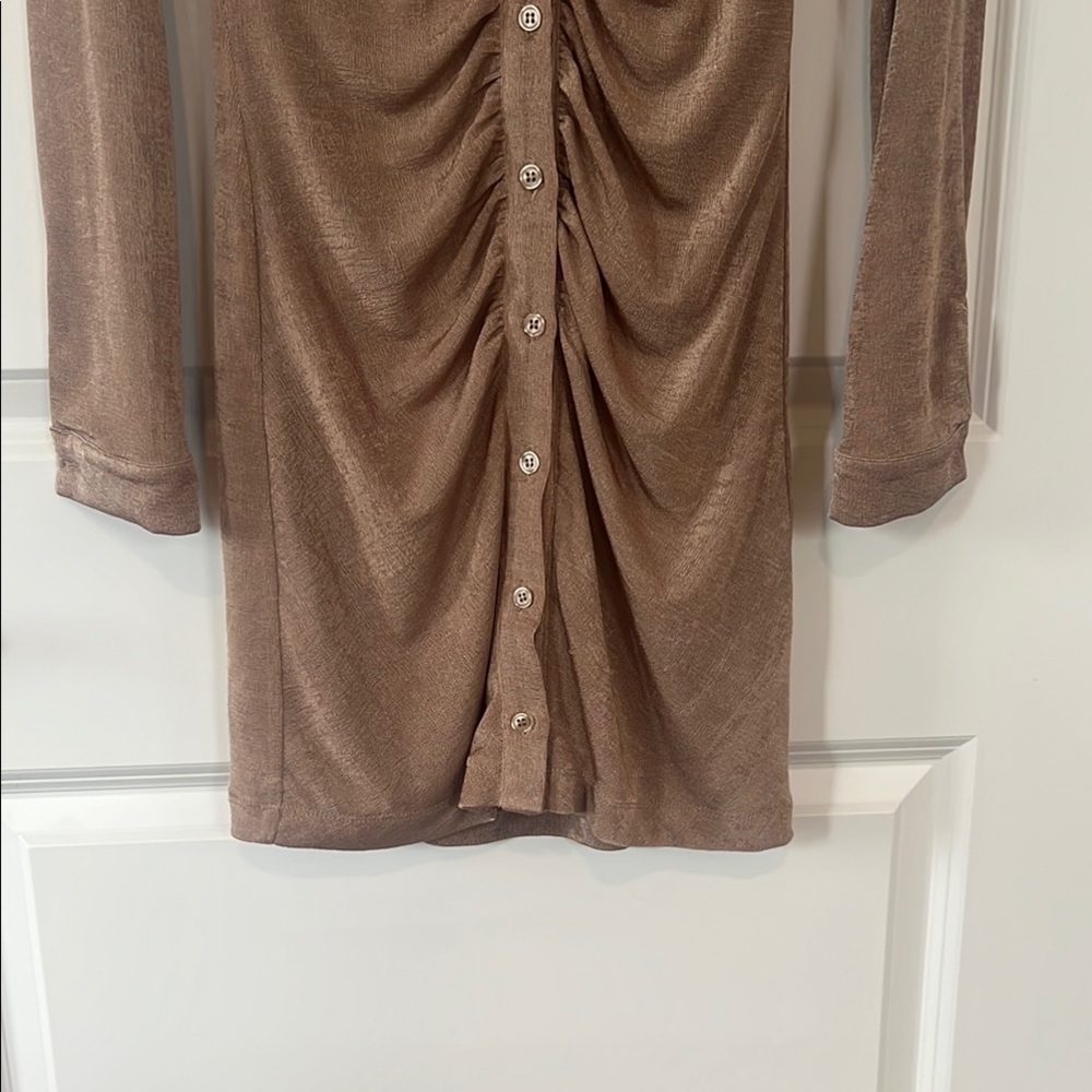 Bardot Brown Ruched Long Sleeve Shirt Dress - Picture 6 of 8
